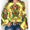 Boho Blouse Floral Print Lantern Sleeve Shirt Sexy Lace-up Tassel O Neck Women Tops