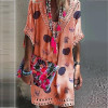 Vacation V Collar Lace Split Joint Printed Loose Dress