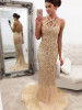 Sparkly Gold Sequins Rhinestone Unique Halter Mermaid Open Back Prom Gown Dresses,PD00058