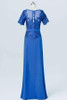 Blue Short Sleeve Bridesmaid Dresses,Lace Appliques Long Bridesmaid Gowns OB89