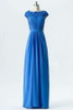 Blue A Line Floor Length Scoop Capped Sleeve Lace Appliques Bridesmaid Dresses B152