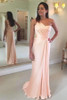 Pink A Line Brush Train One Shoulder Sleeveless Chiffon Bridesmaid Dress, Wedding Party Dress B326