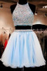 Simple Two Pieces Sleeveless Homecoming Dress,Halter Pearls Beading Crop Top Short Prom Dresses HCD60