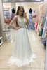 White A Line Sweep Train Deep V Neck Sleeveless Beading Prom Dress,Wedding Dress P273