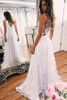 White A Line Brush Train Deep V Neck Sleeveless Lace Wedding Dress,Beach Wedding Dress W221