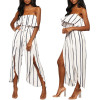 Stripe Off Shoulder High Waist Split Leg Jumpsuit Rompers