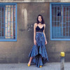 Vintage Irregular Ruffle Blue Striped High Waist Bow Tie Long Skirt