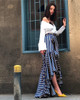 Vintage Irregular Ruffle Blue Striped High Waist Bow Tie Long Skirt