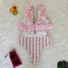 Deep V Ruffled Neck Print Ins Style One Piece Swimsuit