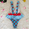 Ruffled Waist Print V-neck Bow Ins Style One Piece Swimsuit