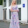 Elegant Printed V Neck Batwing Sleeve High Waist Maxi Long Dress