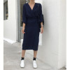 autumn v-neck long sleeve loose waist bandage large size temperament dress