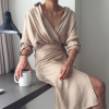 autumn v-neck long sleeve loose waist bandage large size temperament dress