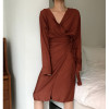 autumn v-neck long sleeve loose waist bandage large size temperament dress