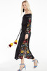 Shoulder-off Bohemian stripes heavy geometric embroidery tassels linen in the long section of the Black dress