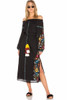 Shoulder-off Bohemian stripes heavy geometric embroidery tassels linen in the long section of the Black dress