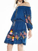 Shoulder-off Bohemian stripes heavy geometric embroidery tassels Blue dress