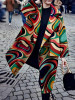 Fashion Turndown Collar Printed Colour Plus Size Long Sleeve Coat Outerwear