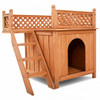 Wood Pet Dog House with Roof Balcony & Bed Shelter