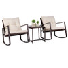 SUNCROWN Outdoor Patio Furniture 3-Piece Bistro Set Brown Wicker Rocking Chair - Two Chairs with Glass Coffee Table (Beige Cushion)