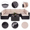 Amolife 7 Pieces Patio PE Rattan Sofa Set Outdoor Sectional Black Furniture Wicker Chair Conversation Set with Tan Cushions and Tea Table