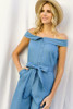 Fold-over Collar Detailed Button Down Off-shoulder Chambray Denim Wide Leg Palazzo Jumpsuit With Waist Tie