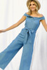 Fold-over Collar Detailed Button Down Off-shoulder Chambray Denim Wide Leg Palazzo Jumpsuit With Waist Tie