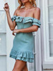 Green Off Shoulder Drawstring Front Ruffle Trim Mini Dress