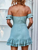 Green Off Shoulder Drawstring Front Ruffle Trim Mini Dress