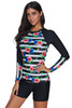 Striped Floral Patchwork Long Sleeve One-piece Swimsuit