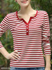 V Neck Single Breasted Stripes Long Sleeve T-Shirts