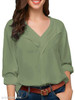 V Neck Loose Fitting Patchwork Plain Blouses
