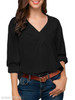 V Neck Loose Fitting Patchwork Plain Blouses