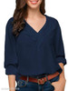 V Neck Loose Fitting Patchwork Plain Blouses