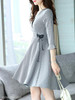 V Neck Asymmetric Hem Houndstooth Bell Sleeve Skater Dress