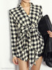 V Neck Asymmetric Hem Belt Houndstooth Trench Coat