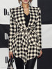 V Neck Asymmetric Hem Belt Houndstooth Trench Coat