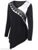 V Neck Asymmetric Hem Patchwork Color Block Lace Long Sleeve T-Shirts