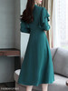 Tie Collar Flounce Plain Skater Dress