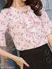 Summer Polyester Women Tie Collar Floral Printed Bell Sleeve Half Sleeve Blouses