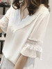 Summer Polyester Women V-Neck Fringe Plain Bell Sleeve Half Sleeve Blouses
