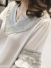 Summer Polyester Women V-Neck Fringe Plain Bell Sleeve Half Sleeve Blouses