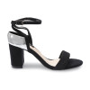 Silver Metallic Rear Detail Strap Upper Open Toe Elastic Closure Suede Block Heel Sandals