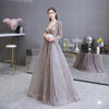 Luxury Long Sleeve Evening Dress Gorgeous V-Neck Lace Pleated Beaded Crystal Sexy Formal Gown