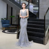 Silver Evening Dress Mermaid with Feather Cape Gorgeous V-Neck