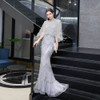 Silver Evening Dress Mermaid with Feather Cape Gorgeous V-Neck