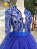 Blue Long Sleeves V Neck Tulle Prom Dress with Beading D202