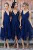 Simple Backless A Line Asymmetrical Tea Length Deep V Neck Spaghetti Straps Sleeveless Cheap Bridesmaid Dresses B202