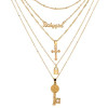 Multilayer Gold Chain Necklace with Pendant - Lock, Key and Cross