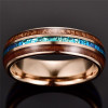 8mm Rose Gold Tungsten Carbide in Blue Inlay with Wood Koa Wedding Band 8mm Rose Gold Tungsten Carbide in Blue Inlay with Wood Koa Wedding Band